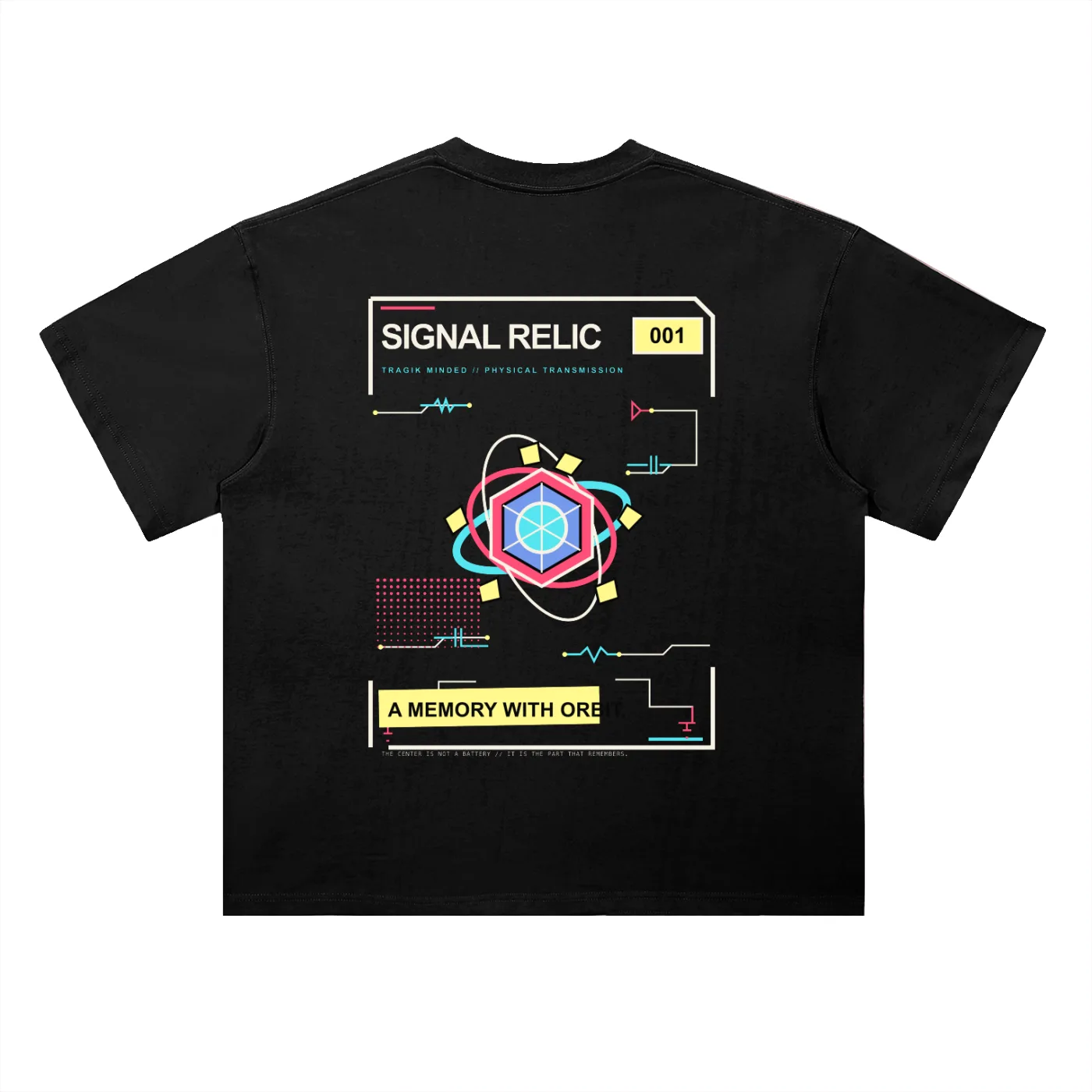 Back of the Classic Black Signal Relic 001 heavyweight tee with a full orbit-and-circuit schematic