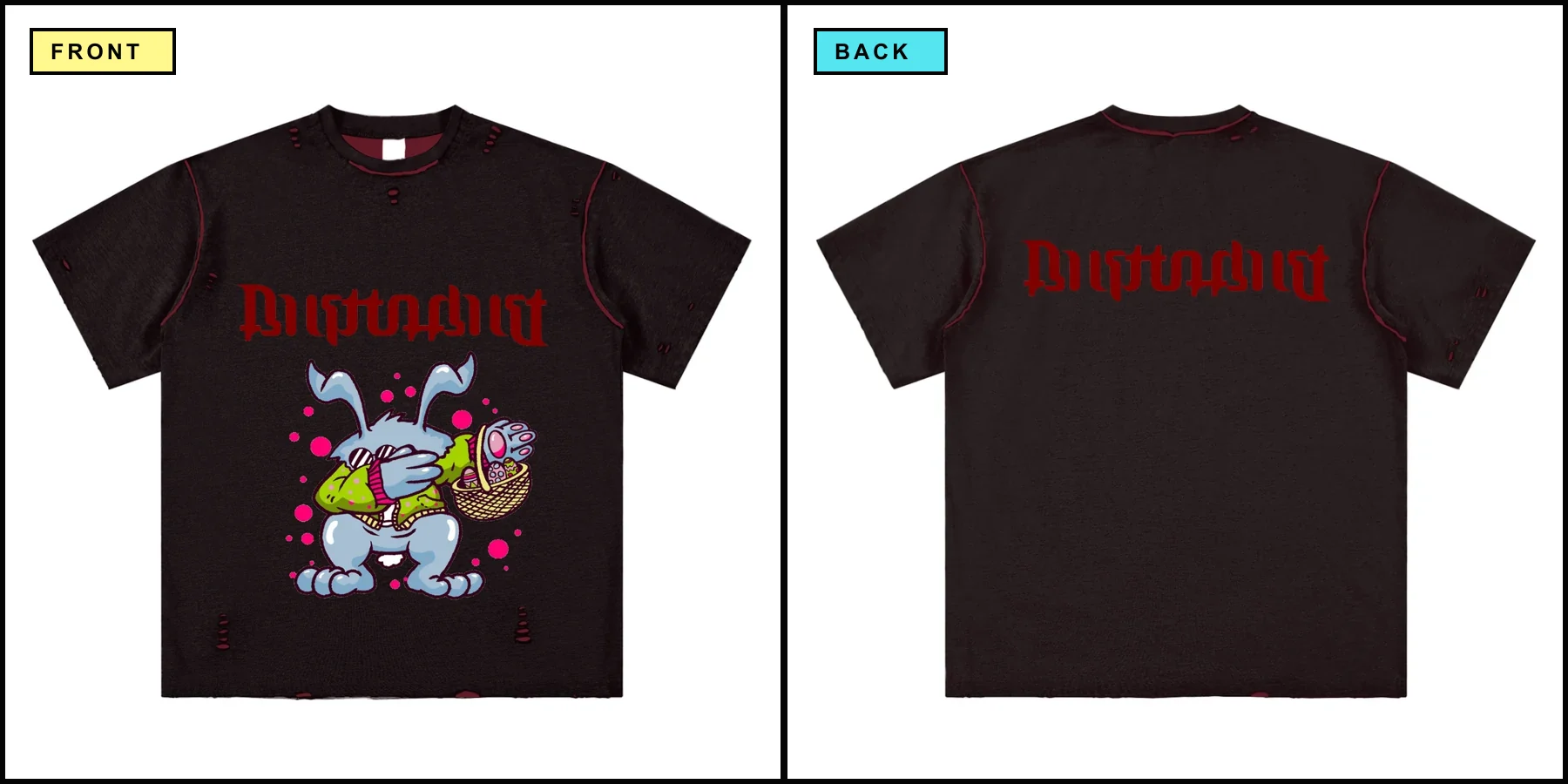 Front and back views of the black Tragik Minded Redline Rabbit reversible tee